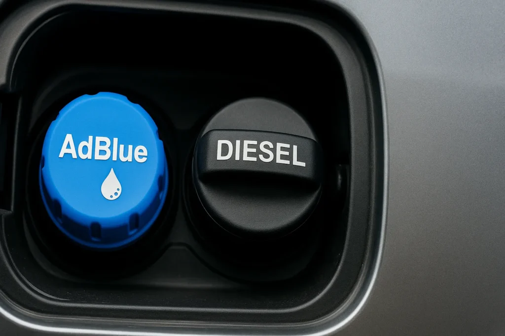 Close-up of a blue AdBlue cap beside a black diesel cap on a silver van – header for AdBlue removal Stoke on Trent