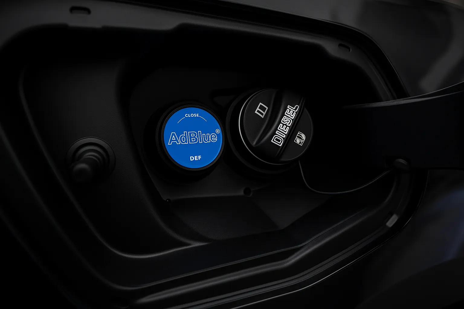 AdBlue bottle with funnel and gloves ready for spill-free top-up