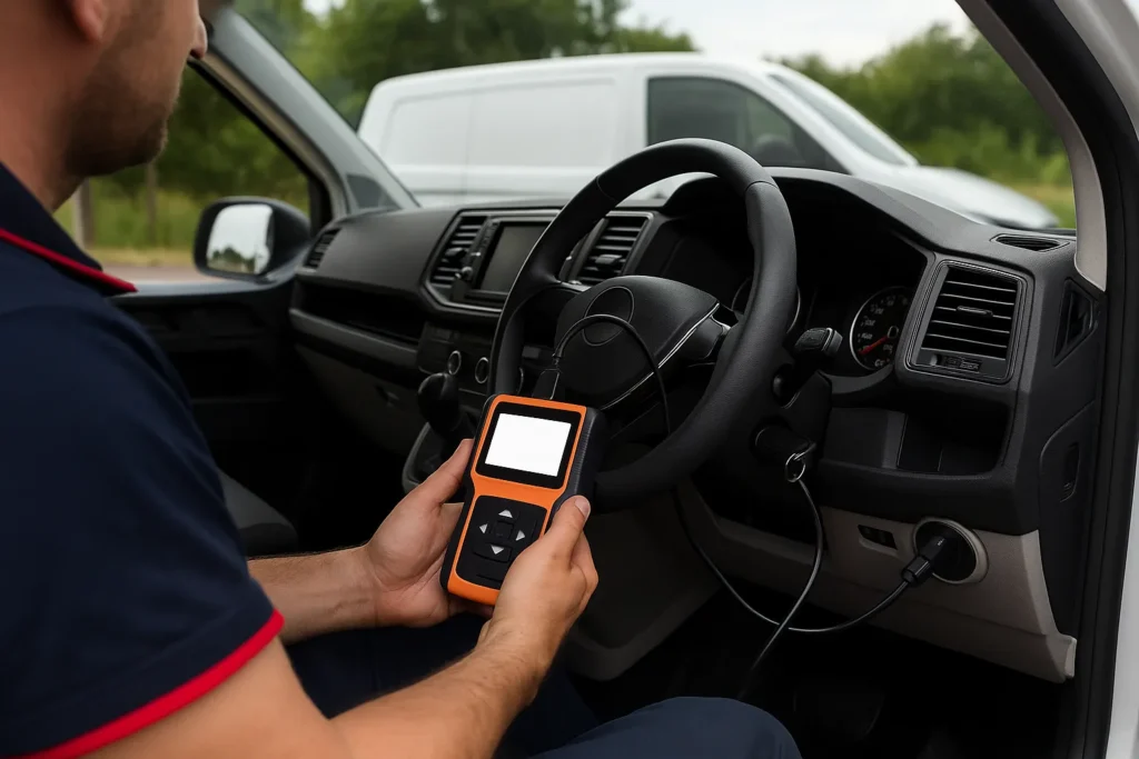 Technician using a handheld diagnostic tool inside a van during a mobile AdBlue reset