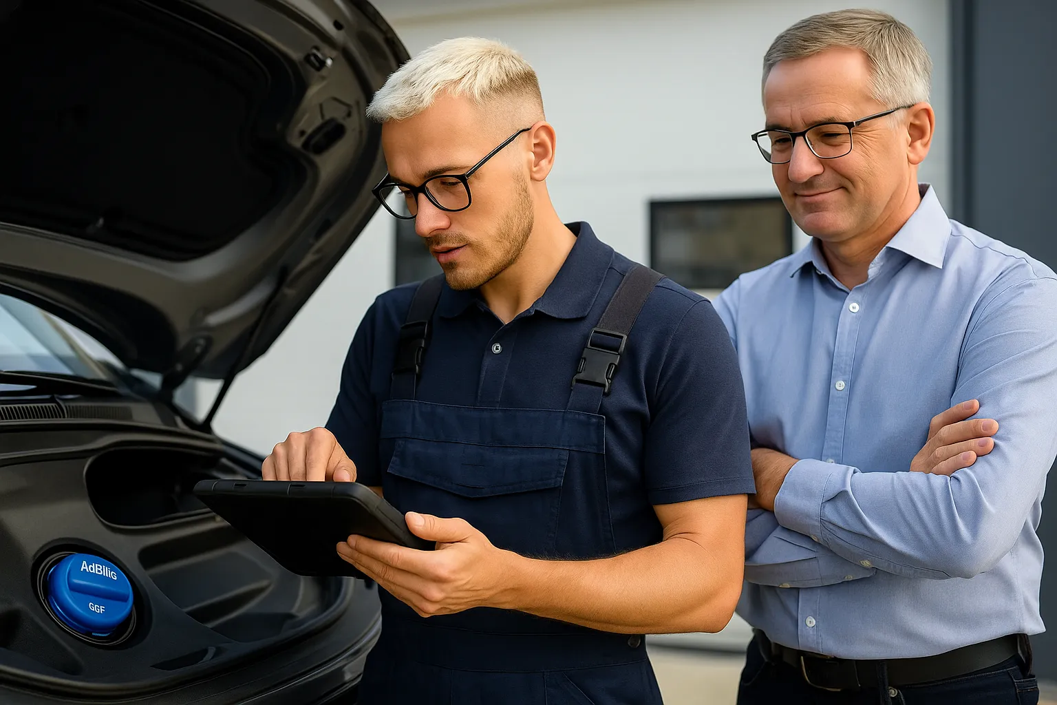 Two AdBlue technicians reviewing diagnostics next to an open vehicle bonnet