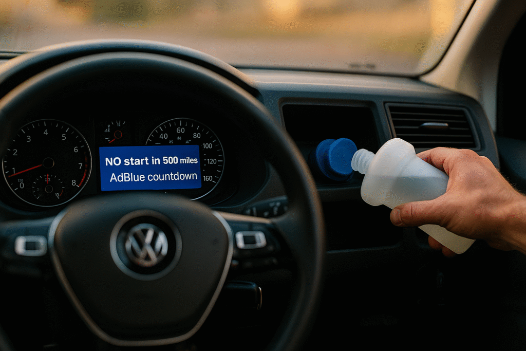 Driver topping up AdBlue while dashboard shows “No start in 500 miles” countdown