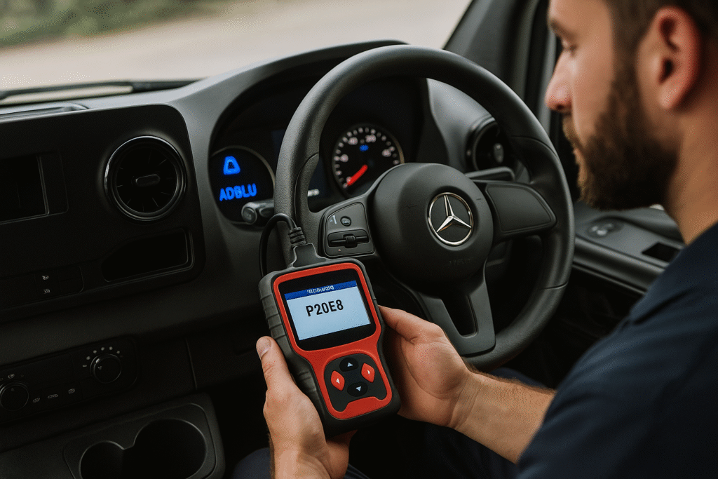 Mechanic reading P20E8 AdBlue fault code on an OBD scanner inside a Mercedes Sprinter