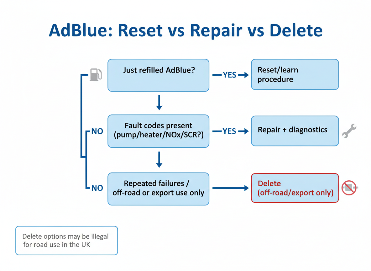 Flowchart comparing AdBlue reset vs repair vs delete options