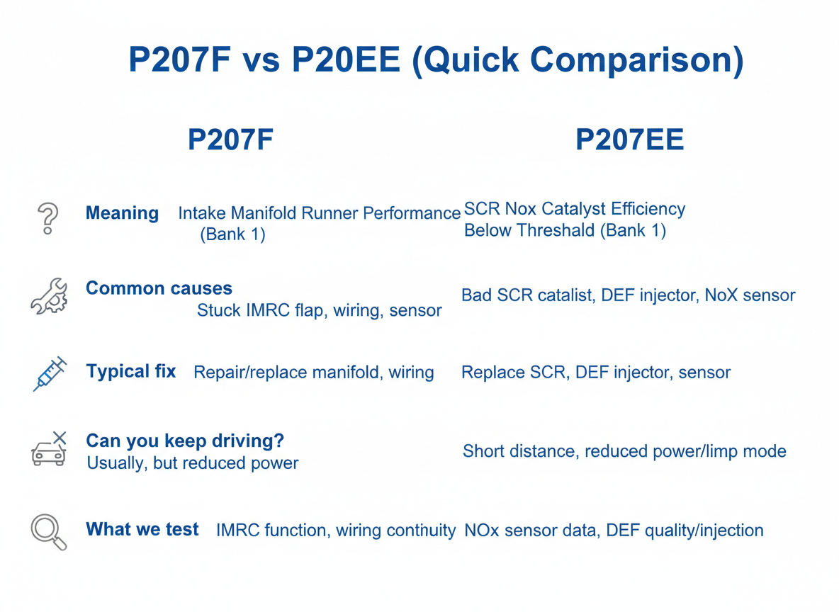 Quick comparison of P207F vs P20EE fault codes, causes, tests and fixes
