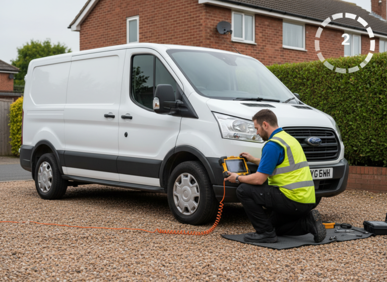 Mobile technician diagnosing a Ford Transit EcoBlue van on a driveway to resolve a SID212EVO AdBlue no-start countdown fault