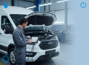 Ford EcoBlue van in a workshop with diagnostic scanner connected for SID212EVO AdBlue faults