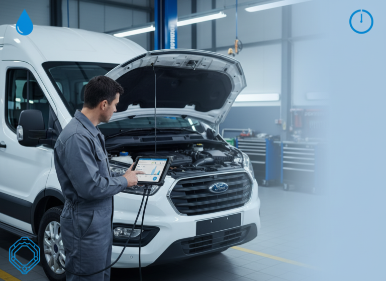 Ford EcoBlue van in a workshop with diagnostic scanner connected for SID212EVO AdBlue faults