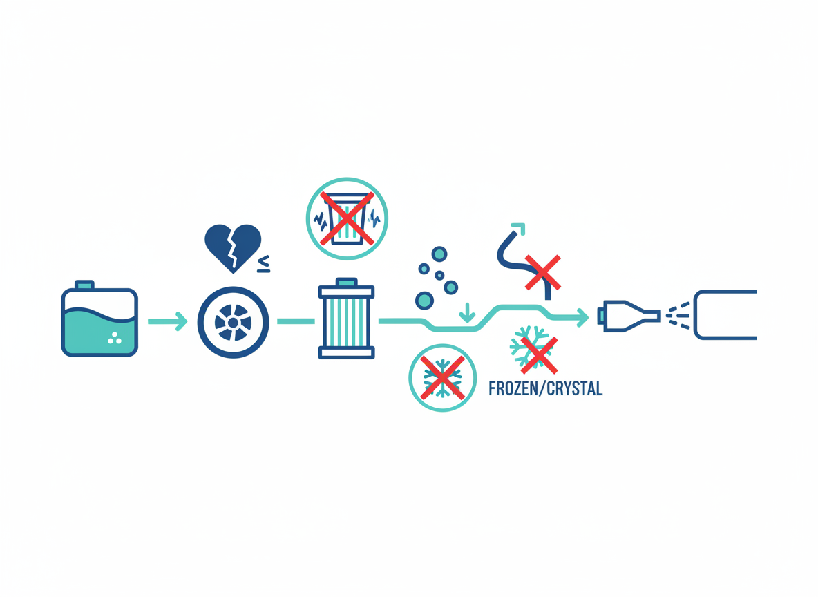 Technician inspecting AdBlue pump and lines on Ford EcoBlue for low pressure diagnosis