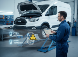 Technician checking live NOx sensor data on a Ford EcoBlue van for a SID212EVO P20EE SCR efficiency fault that keeps returning