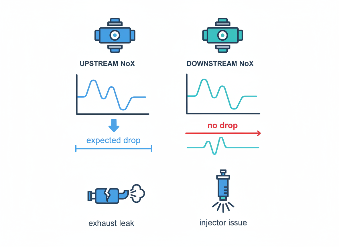 Technician reviewing NOx sensor live data and SCR efficiency readings related to SID212EVO P20EE fault code
