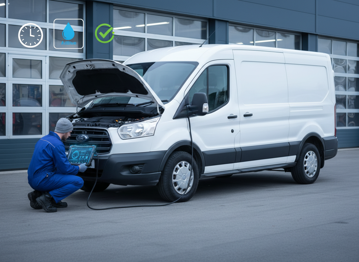 AdBlue pump and dosing system components shown as part of a repair workflow