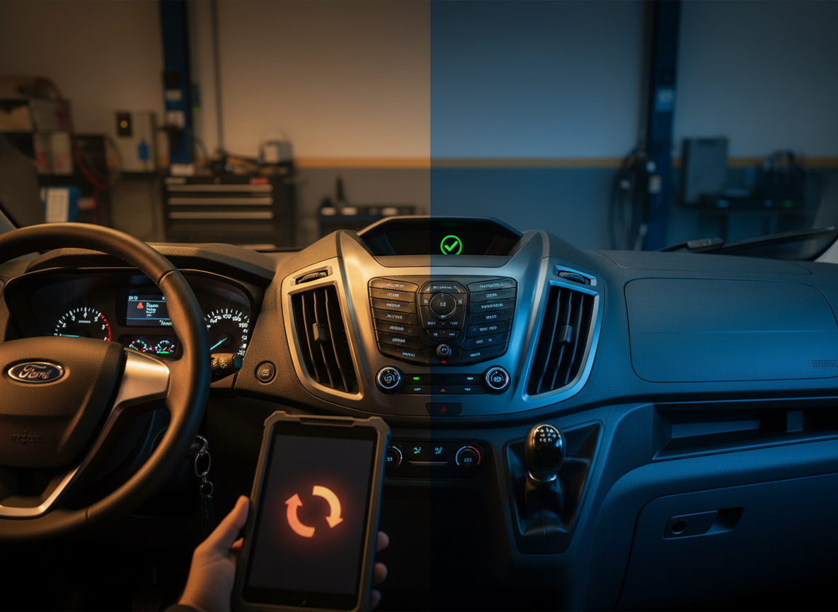 Driver using an OBD code reader to clear an AdBlue fault on a Ford EcoBlue vehicle