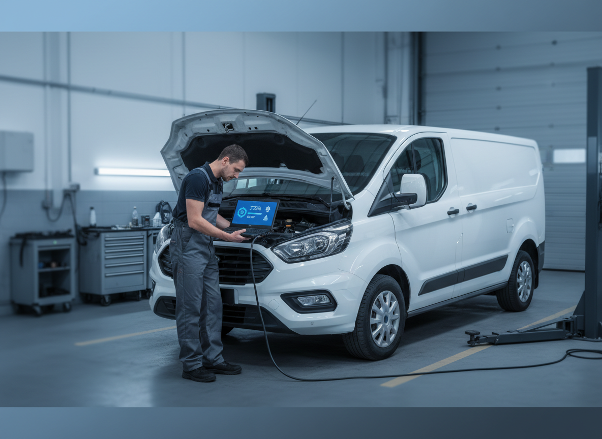 Ford EcoBlue van connected to diagnostic equipment during a software update