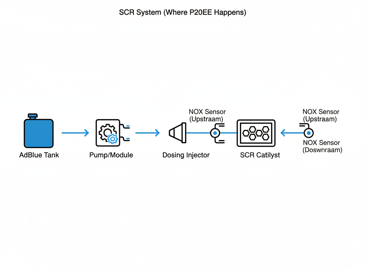 SCR system diagram showing AdBlue tank, pump, injector, SCR catalyst and NOx sensors