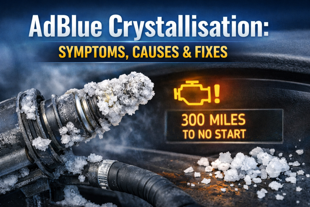 AdBlue injector covered in white crystallisation deposits with dashboard warning showing no start countdown