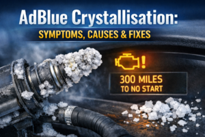 AdBlue injector covered in white crystallisation deposits with dashboard warning showing no start countdown