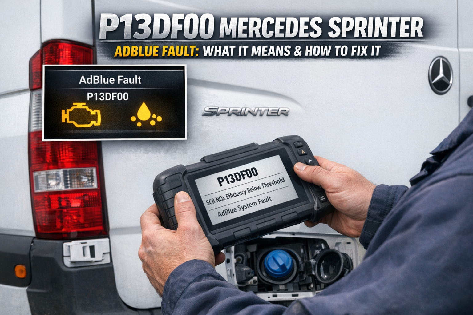 Mercedes Sprinter AdBlue fault P13DF00 shown on diagnostic scanner during on-site diagnosis