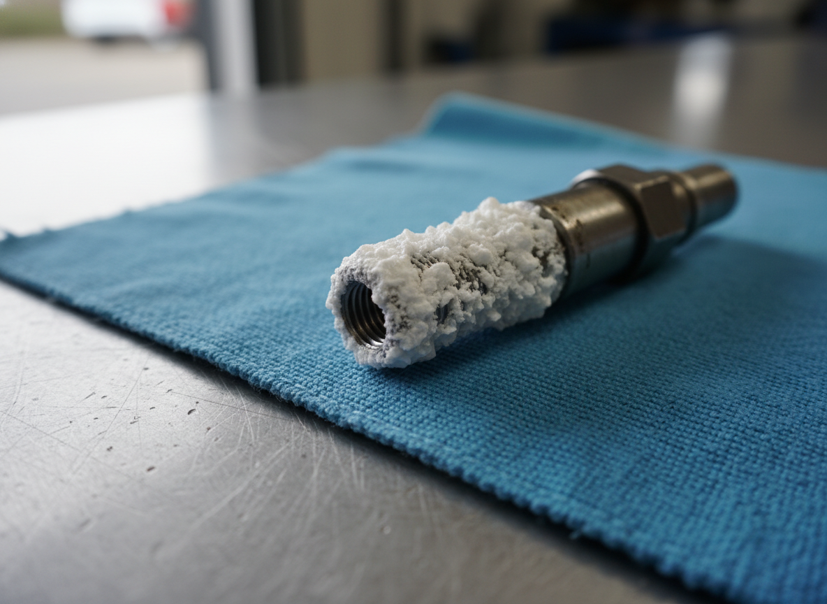 AdBlue injector showing white urea crystal build-up from a dosing system blockage