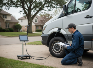 Diagnostic tablet displaying fault codes connected to a Mercedes Sprinter van