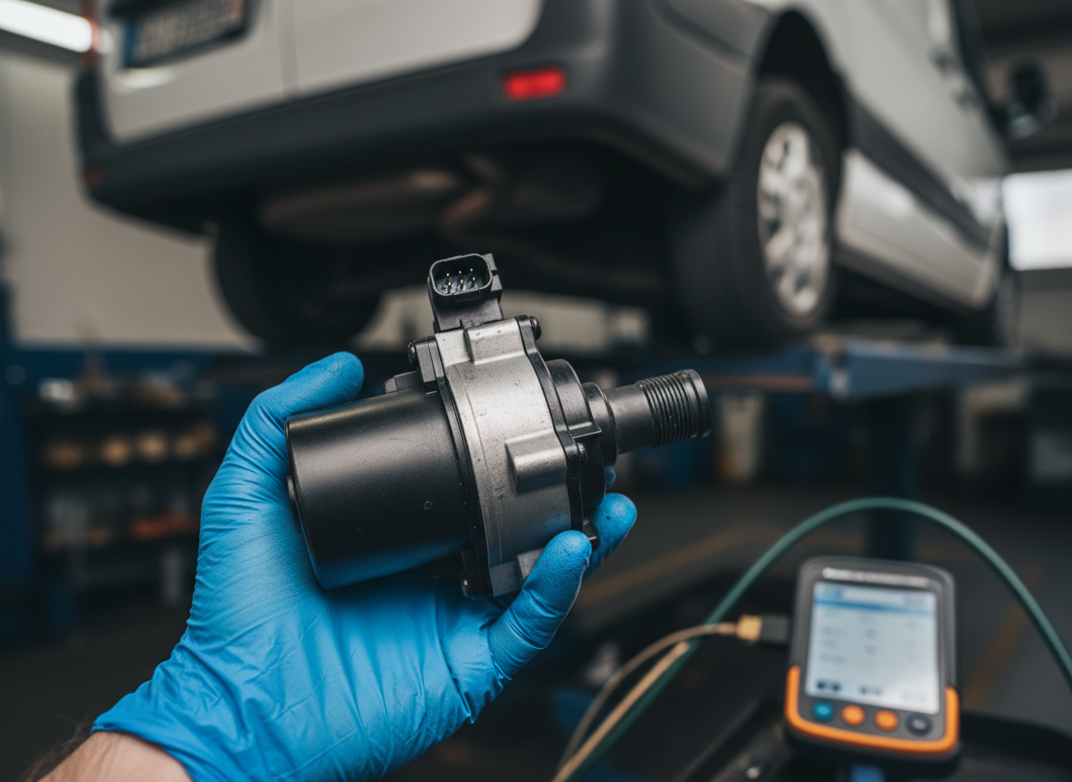 Gloved hand holding an AdBlue pump unit removed from a diesel SCR system