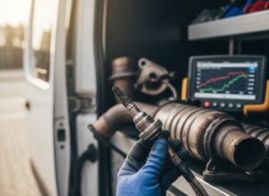 Gloved hand holding a NOx sensor removed from a diesel exhaust aftertreatment system