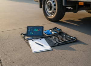 Overhead view of a mobile mechanic workspace with tools laid out beside a diesel vehicle