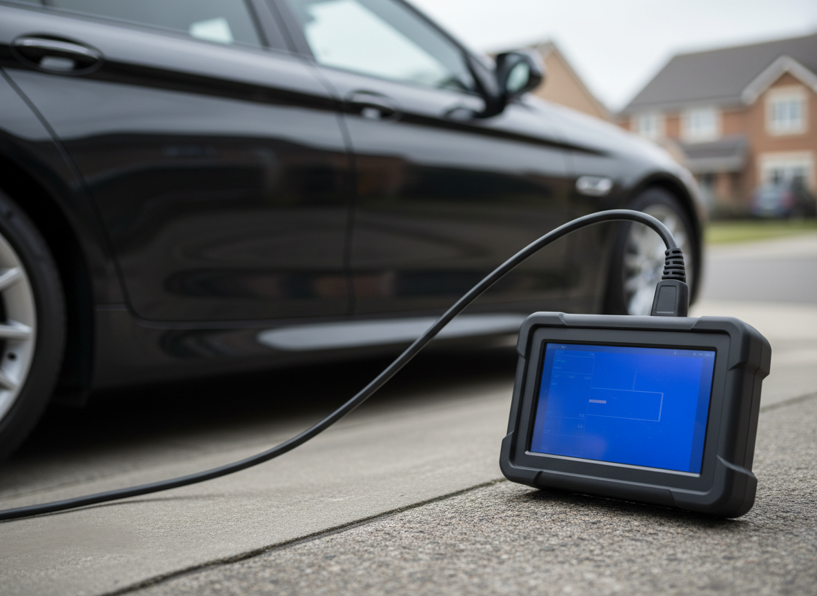 Close-up of OBD scanner plugged into a BMW diesel estate for fault code reading