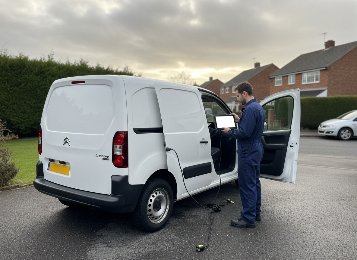 Compact van connected to OBD diagnostic cable during AdBlue fault diagnosis