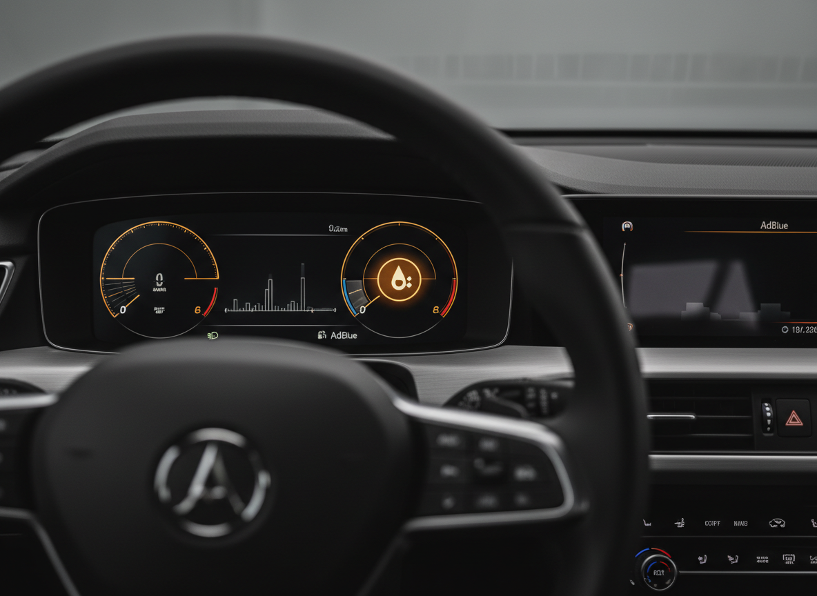 Close-up of a diesel vehicle dashboard showing an AdBlue warning light