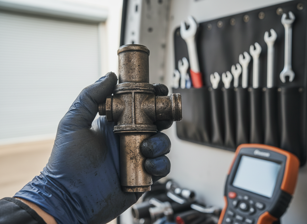 Heavily carbonned EGR valve removed from a diesel engine by AdBlue Specialist