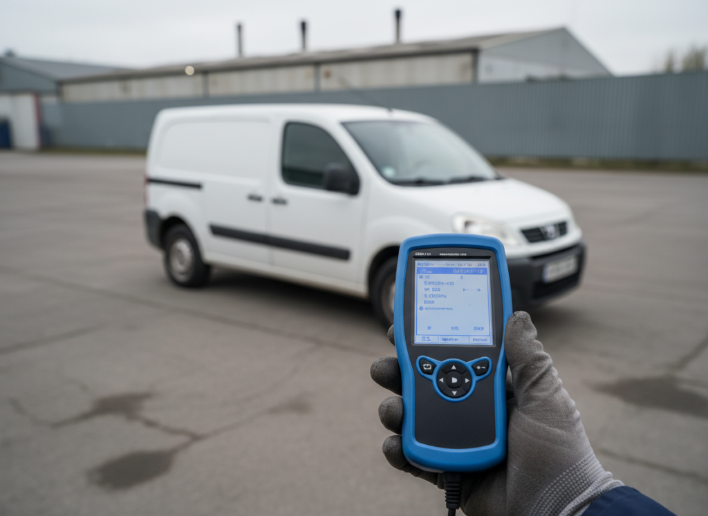 Gloved hand connecting a blue OBD scanner to a Peugeot van for AdBlue fault diagnosis