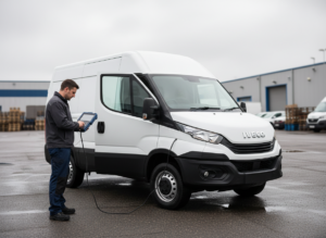 Iveco Daily van being scanned with a handheld OBD diagnostic tool