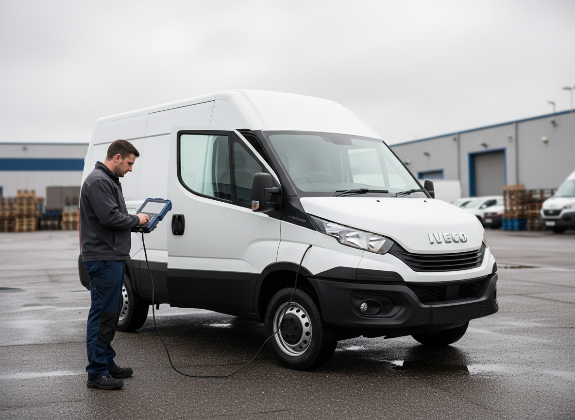 Iveco Daily van being scanned with a handheld OBD diagnostic tool