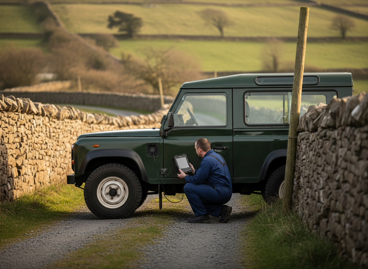 Land Rover Defender parked on a rural lane during mobile AdBlue diagnostics