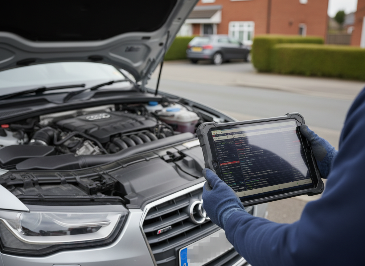 Mechanic holding diagnostic tablet beside an Audi TDI diesel vehicle