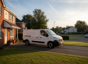 Nissan NV400 van parked on a suburban driveway with AdBlue warning active