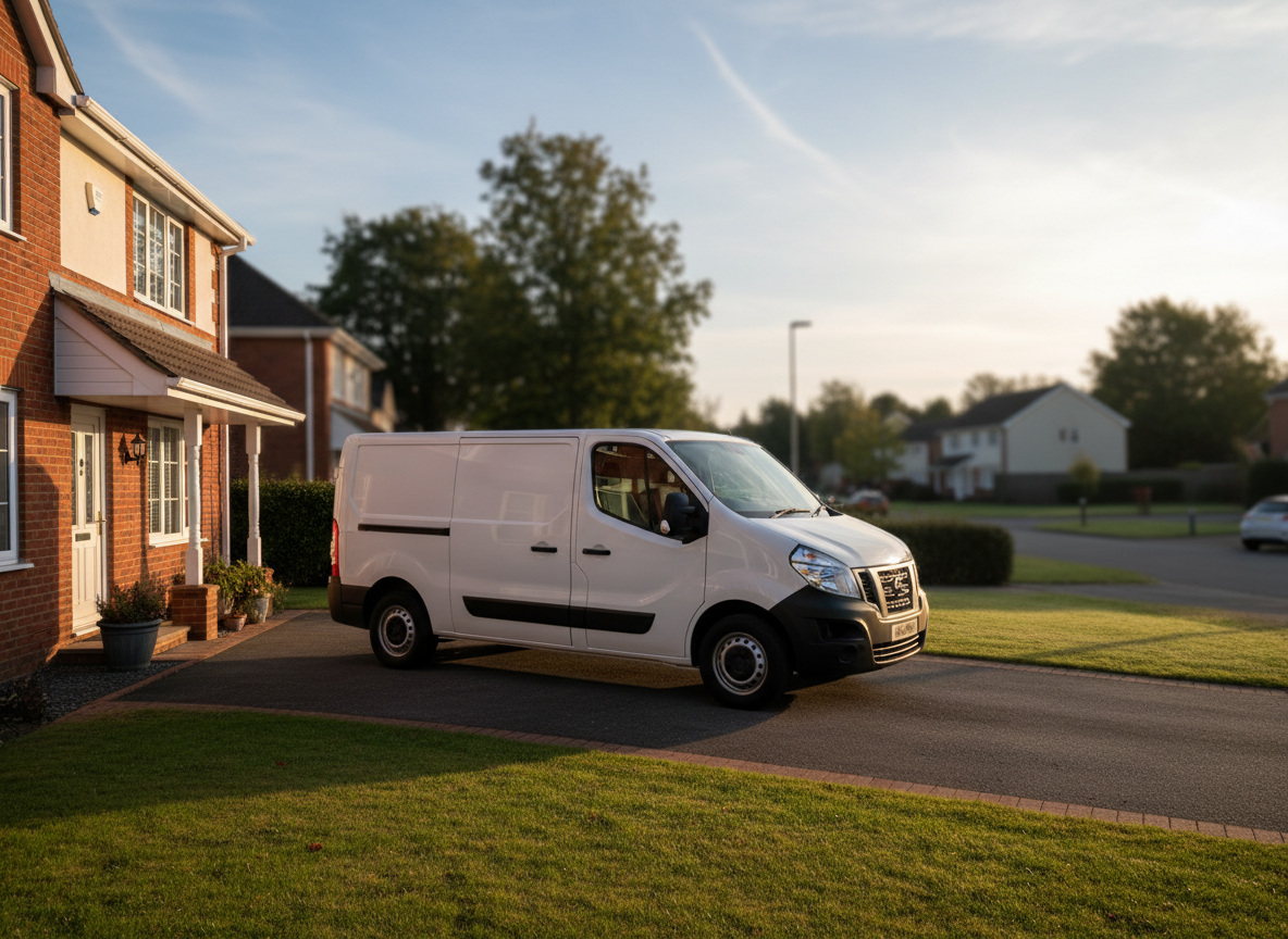 Nissan NV400 van parked on a suburban driveway with AdBlue warning active