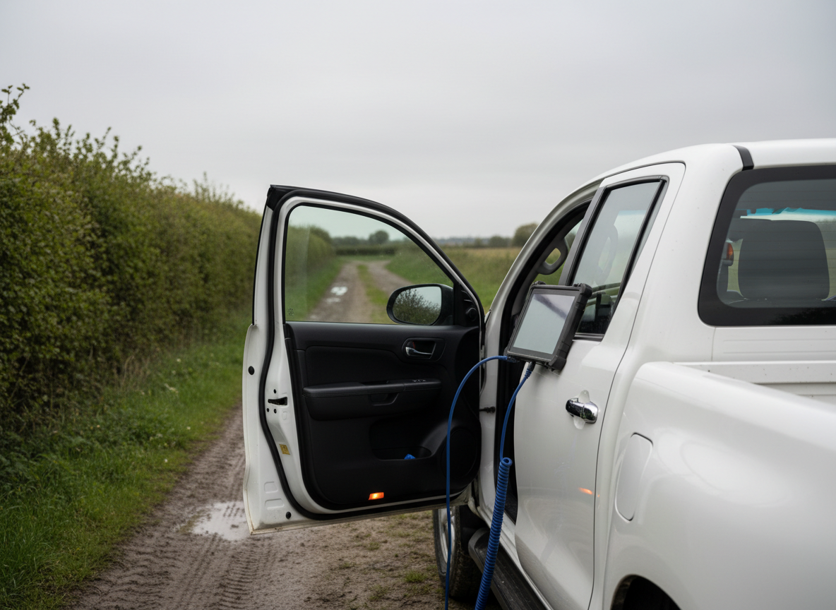 Toyota Hilux pickup on a farm track during mobile AdBlue diagnostic inspection