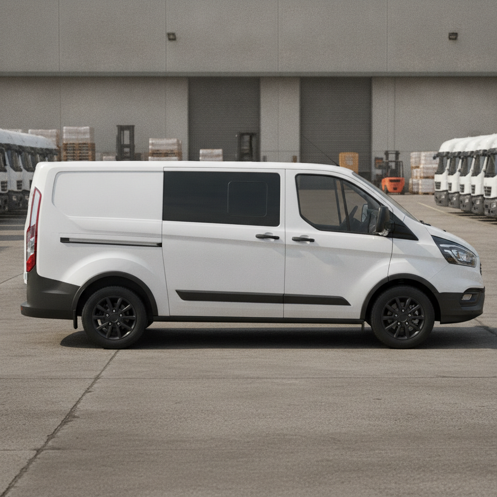 White Ford Transit Custom van parked in a commercial yard — common AdBlue SCR system fault