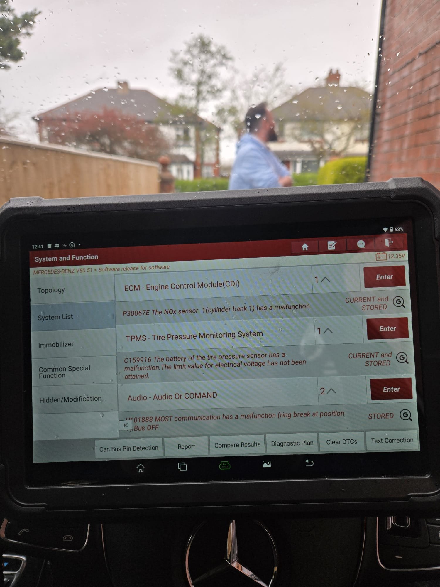 Diagnostic tablet showing a Mercedes NOx sensor fault during a mobile visit by AdBlue Specialist