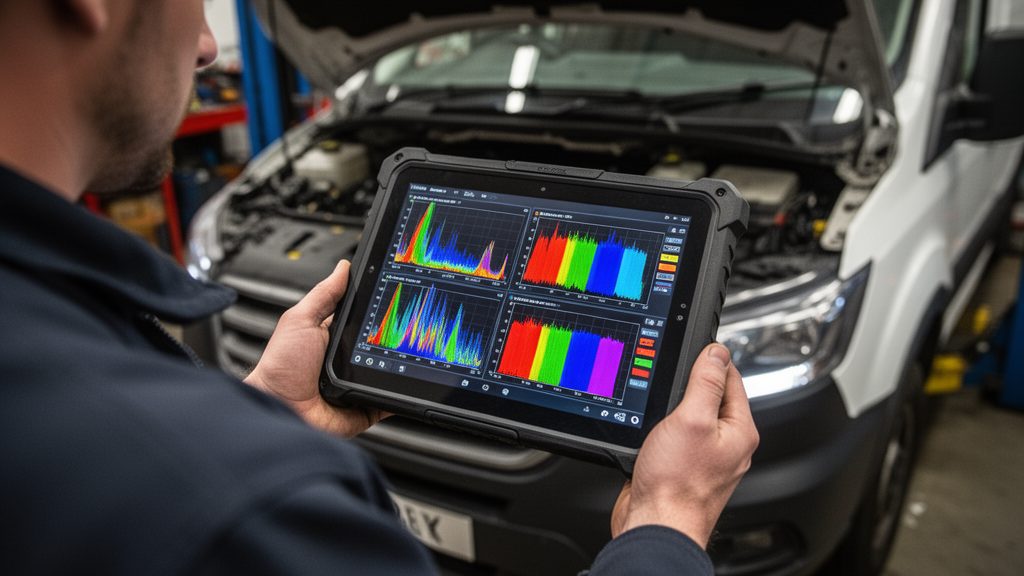 Technician comparing Ford Transit DPF soot load and AdBlue SCR fault data to identify limp mode cause