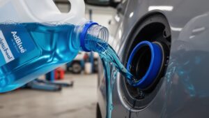 AdBlue diesel exhaust fluid being poured into a vehicle's blue-capped filler neck