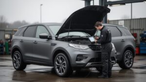 Technician connecting a diagnostic tablet to a grey diesel SUV on a workshop forecourt for AdBlue fault diagnosis
