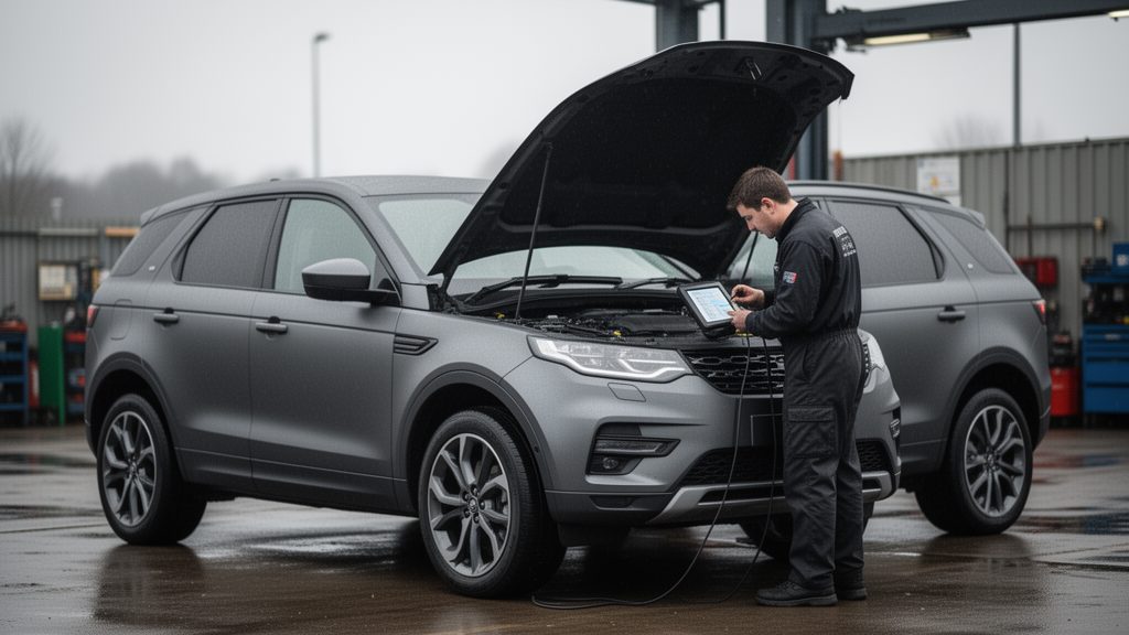 Technician connecting a diagnostic tablet to a grey diesel SUV on a workshop forecourt for AdBlue fault diagnosis