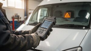 Technician holding a diagnostic scan tool beside a white van with an amber AdBlue warning showing on the dashboard