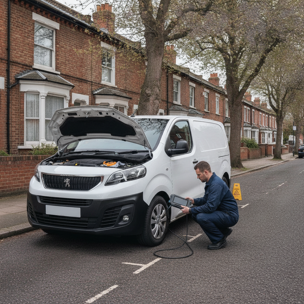 Peugeot Expert AdBlue fault — mobile mechanic diagnosing emissions warning on white van
