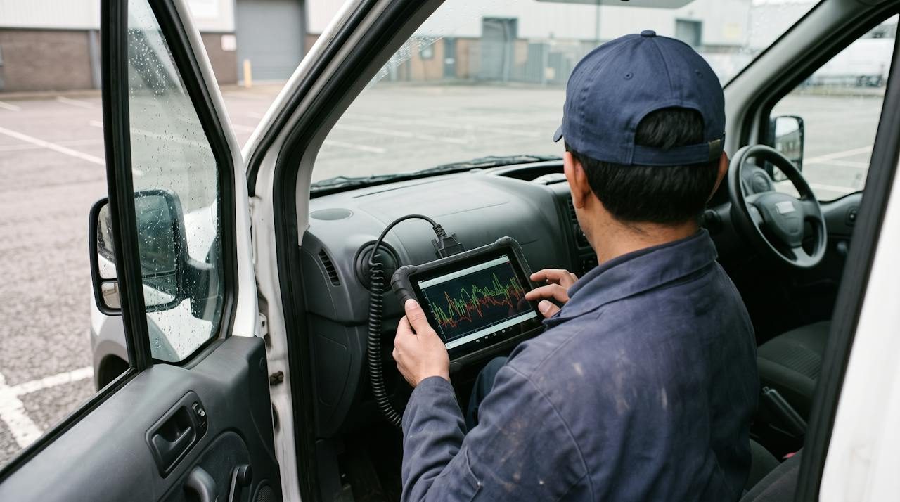Technician in the driver's seat of a van reading live data on a diagnostic tablet plugged into the OBD port