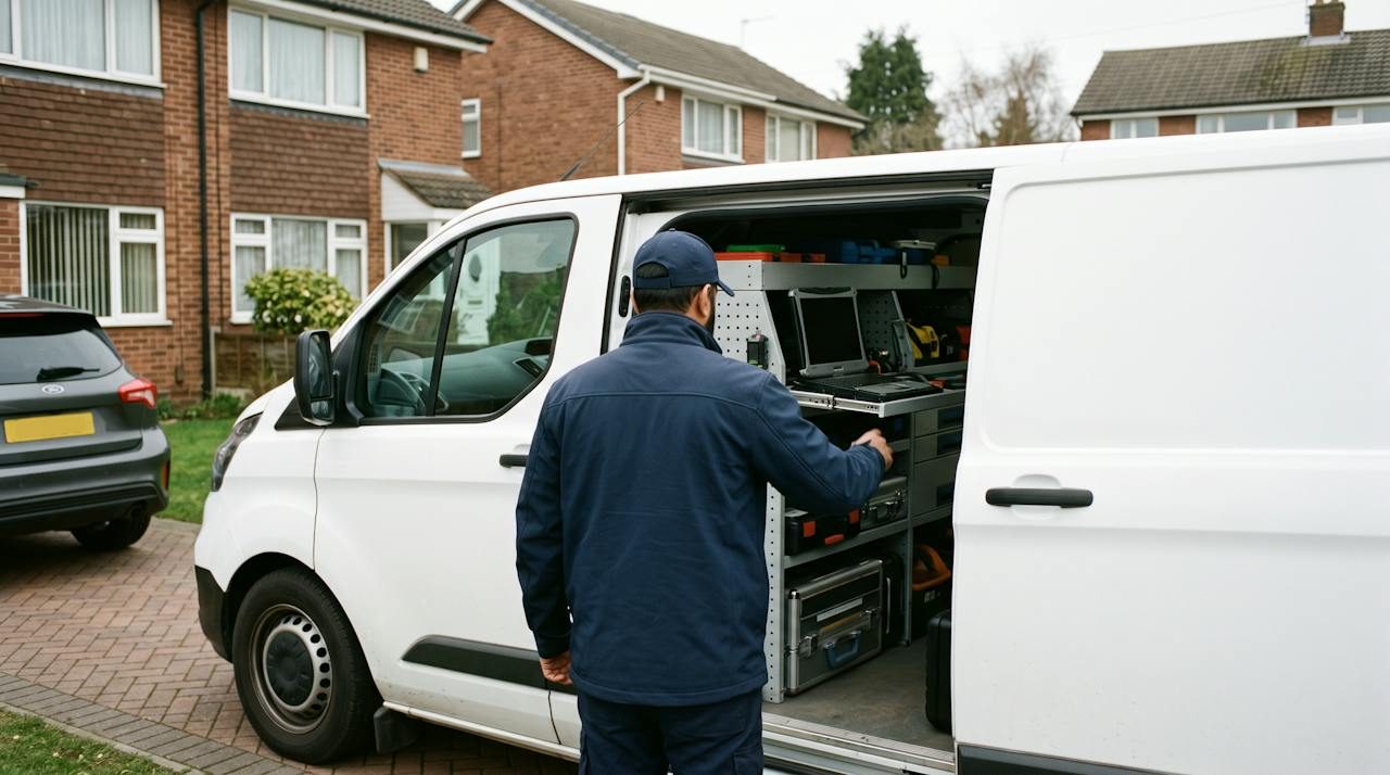 Technician in a navy cap at the open side door of a white van fitted with racked diagnostic equipment on a Staffordshire driveway