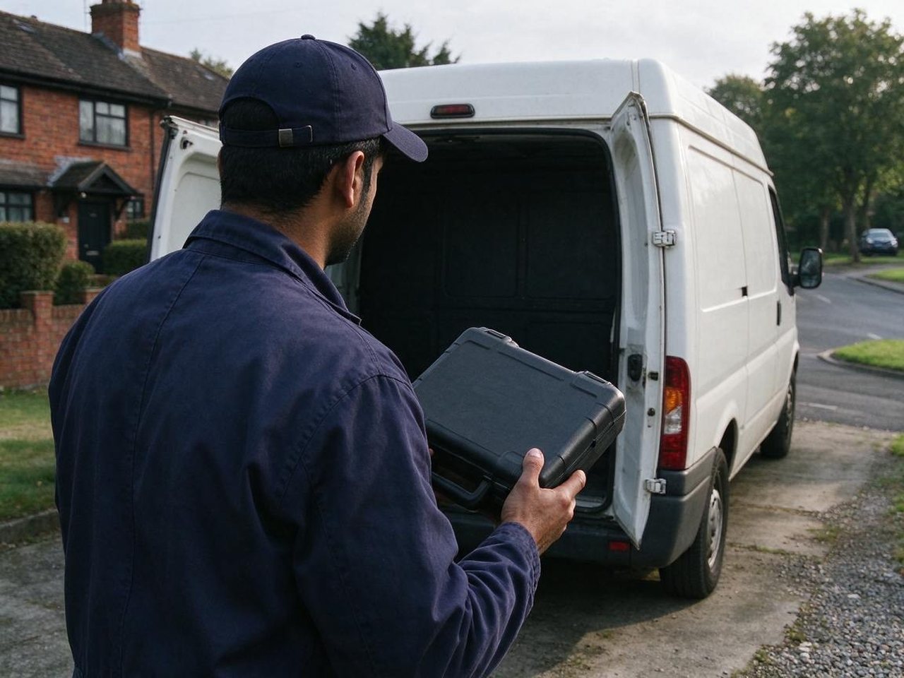 Technician in a navy cap lifting a diagnostic case from the back of a white van on a driveway in Alsager