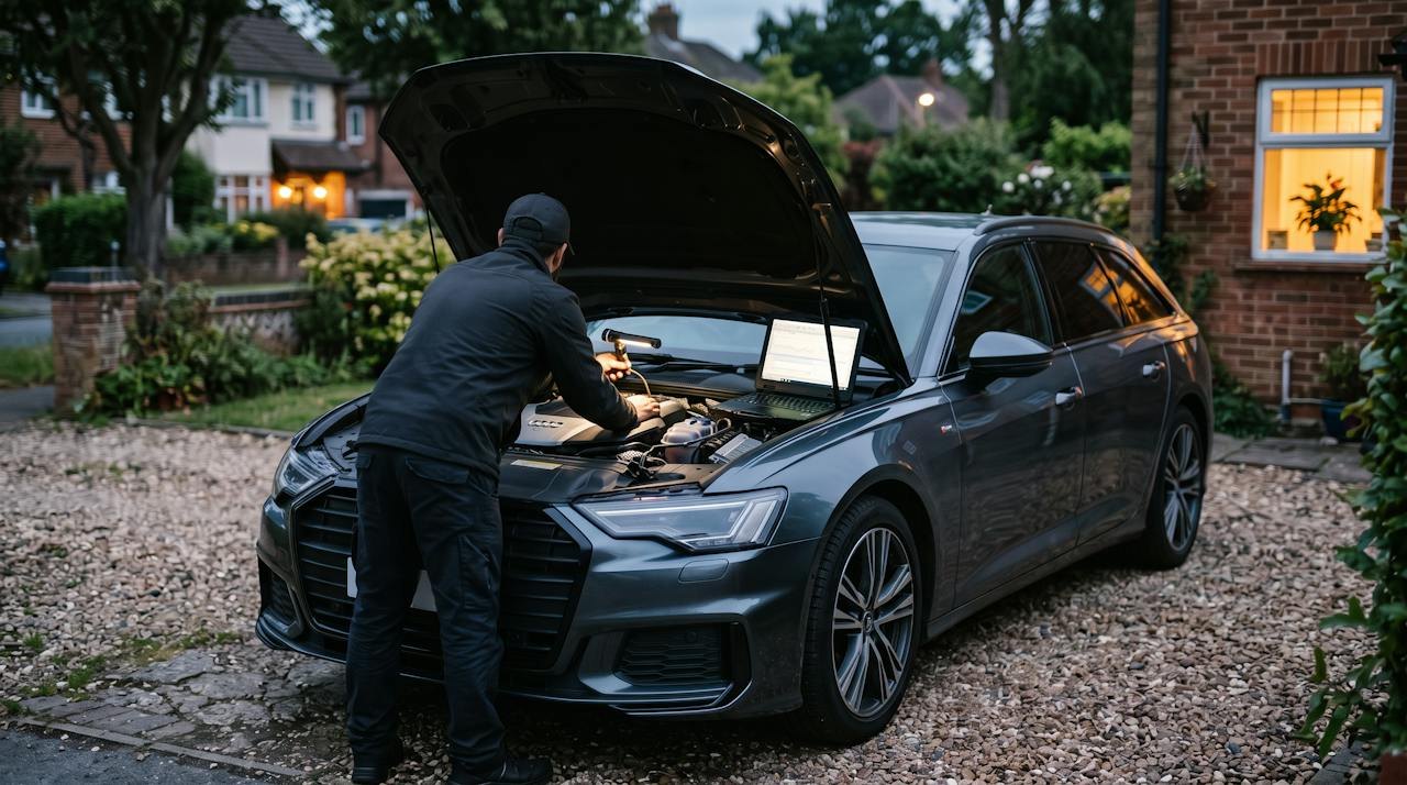 Technician working under the bonnet of a grey estate car on a driveway, laptop on the wing